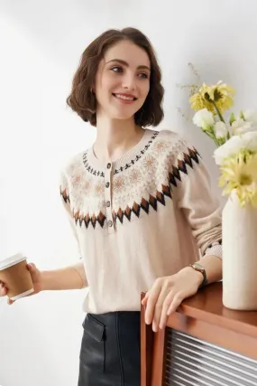100 Cashmere Quarter Button Fair Isle Sweater