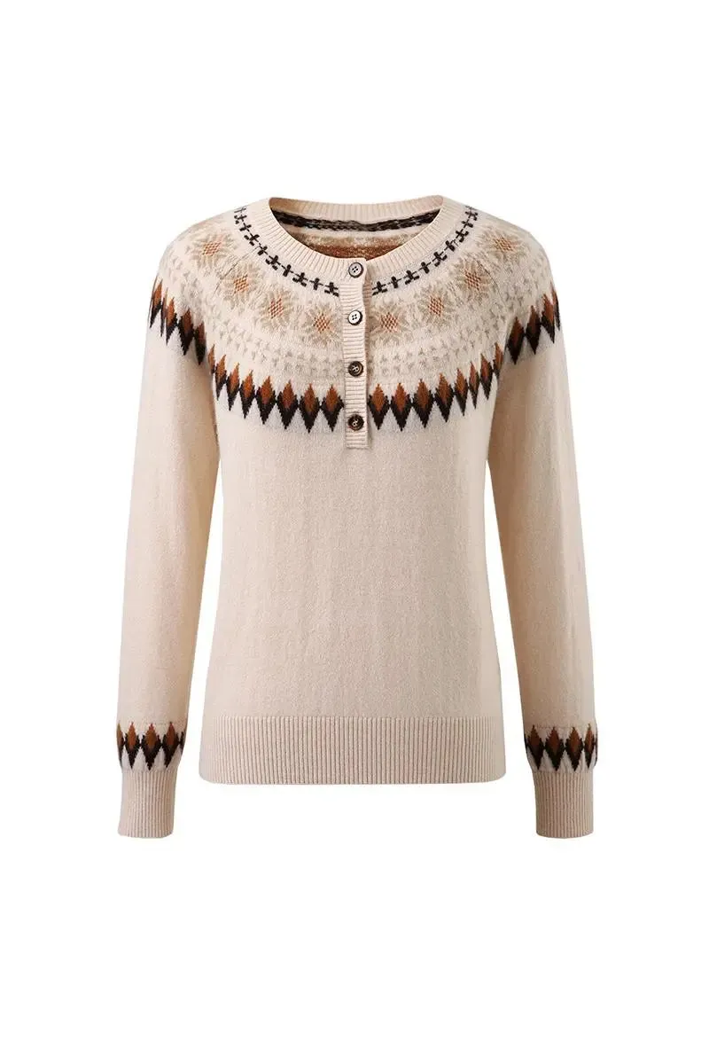 100 Cashmere Quarter Button Fair Isle Sweater