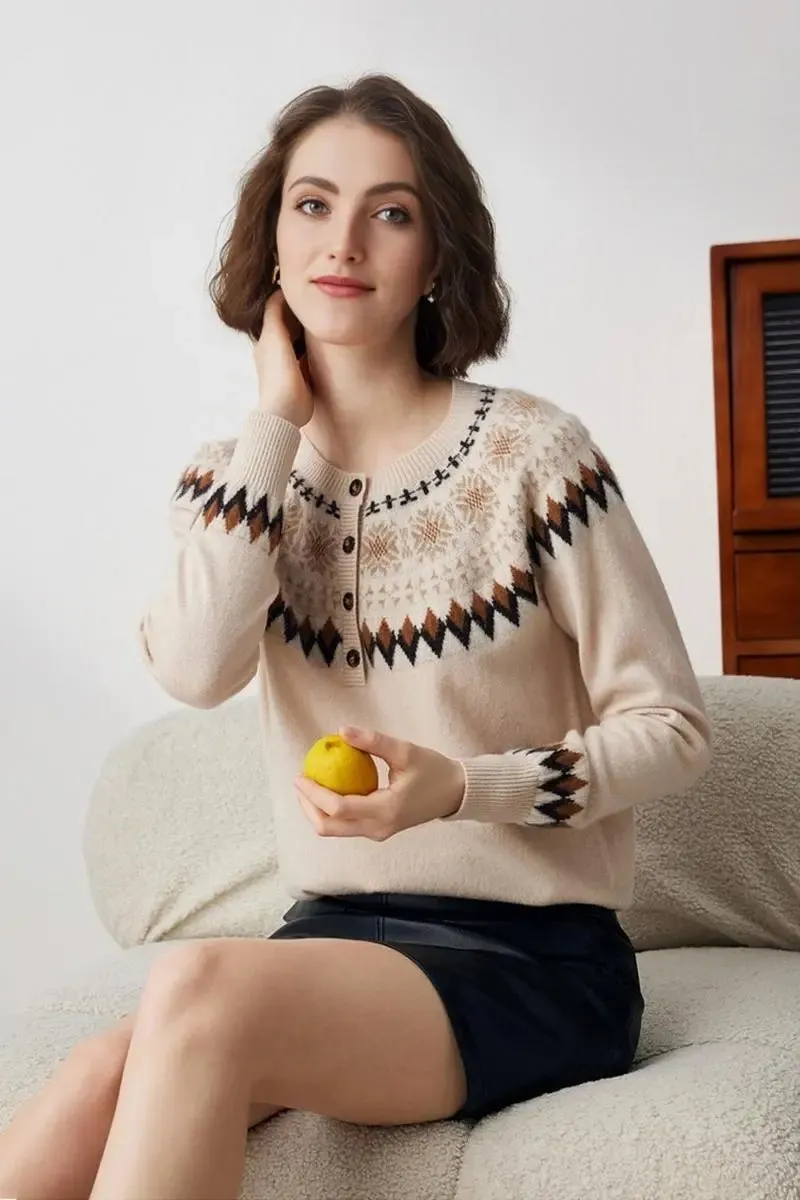 100 Cashmere Quarter Button Fair Isle Sweater