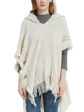 1pc Oversized Knit Poncho Cape With Hood And Button - FD ⚡