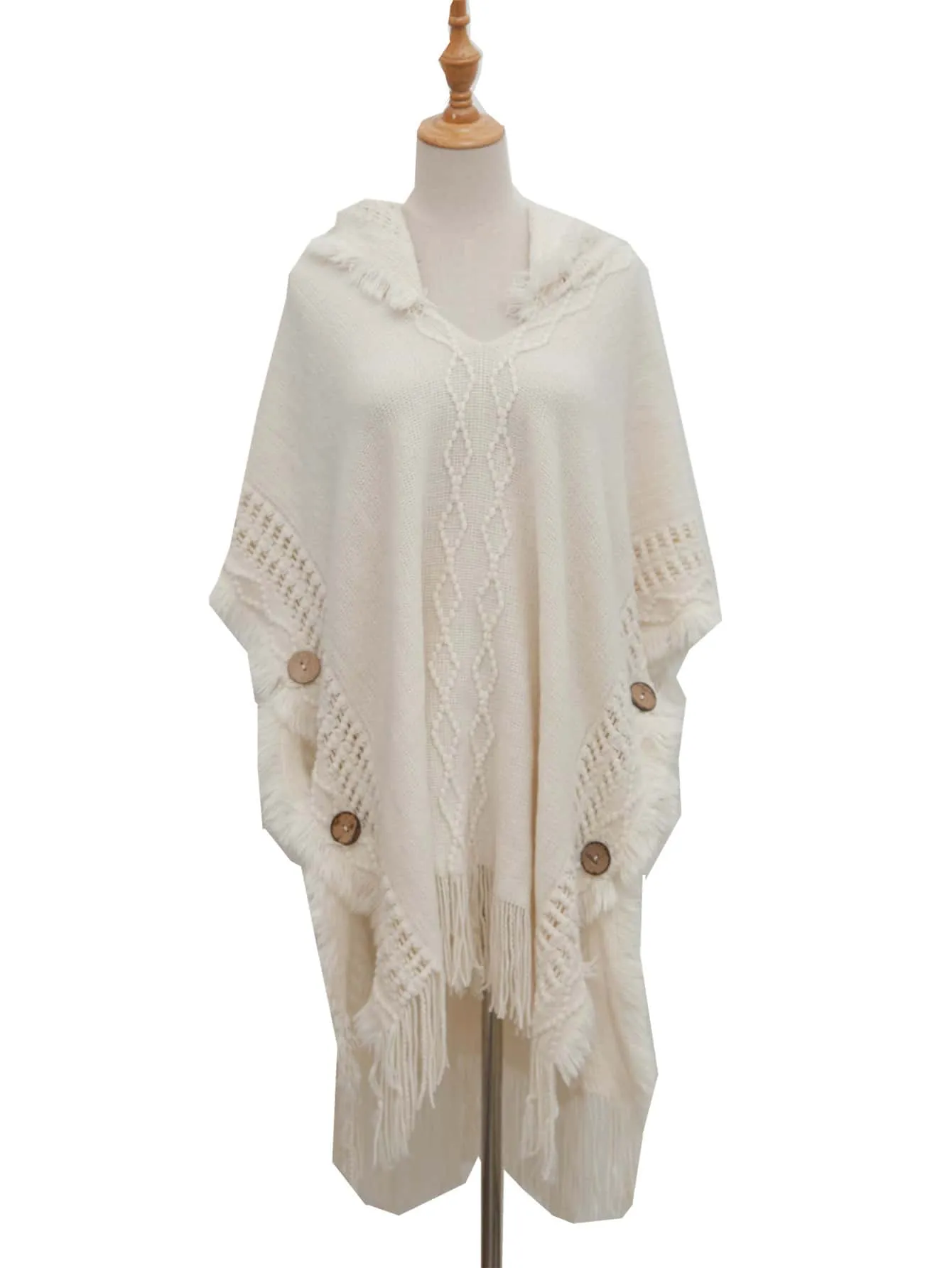 1pc Oversized Knit Poncho Cape With Hood And Button - FD ⚡