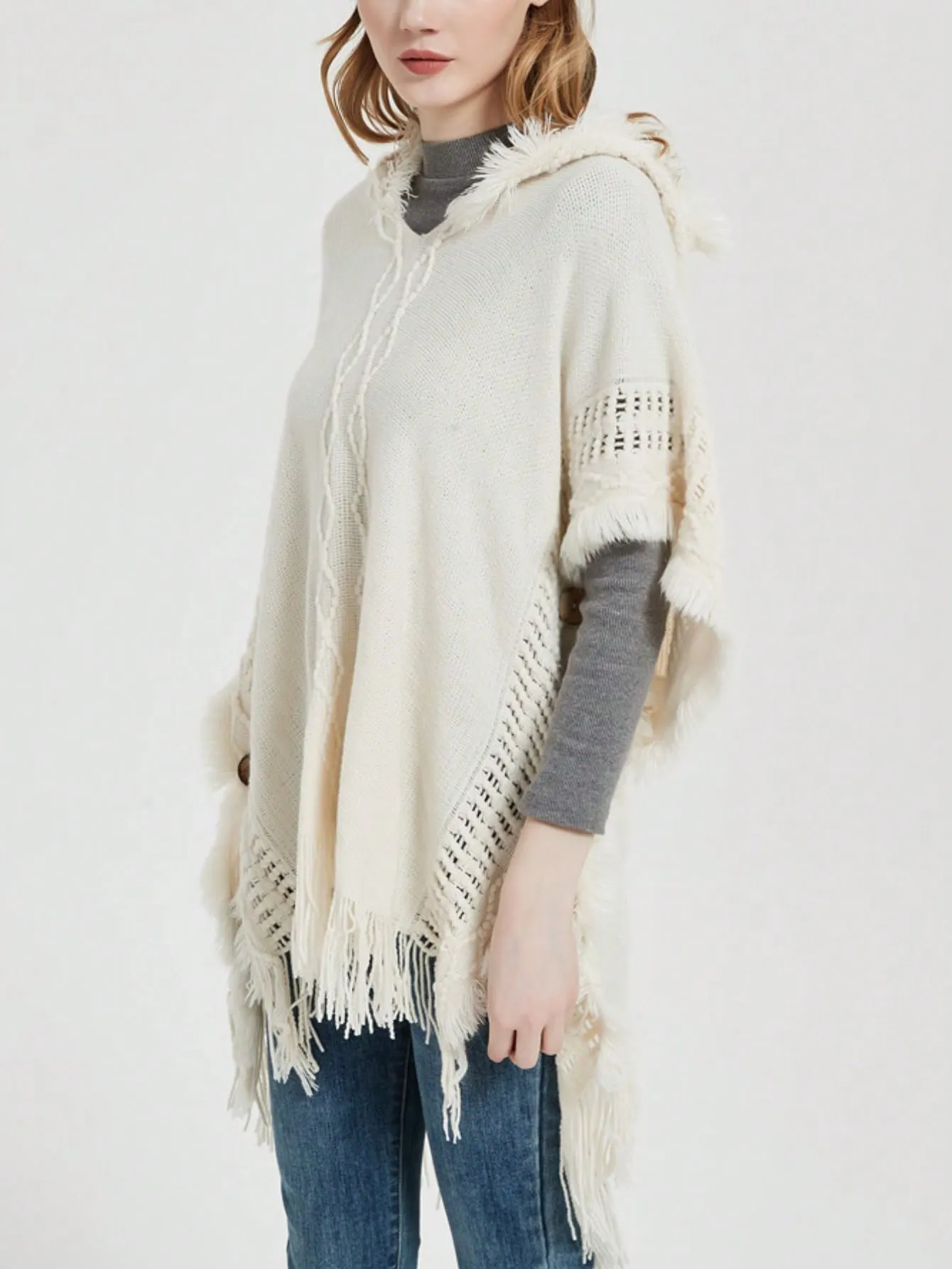 1pc Oversized Knit Poncho Cape With Hood And Button - FD ⚡