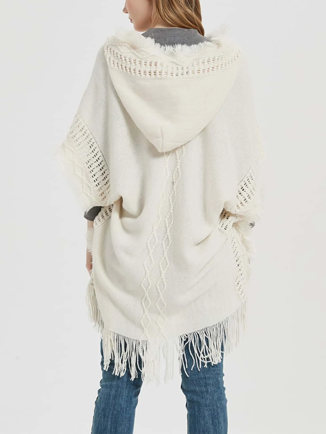1pc Oversized Knit Poncho Cape With Hood And Button - FD ⚡