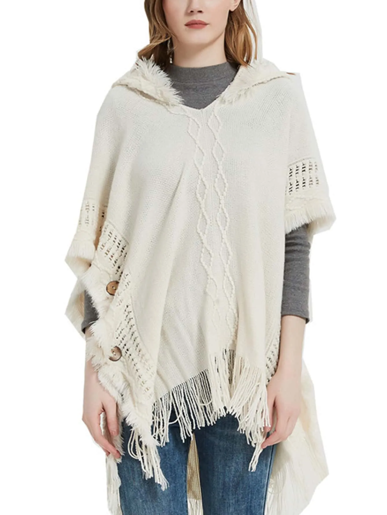 1pc Oversized Knit Poncho Cape With Hood And Button - FD ⚡
