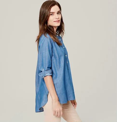 Ann Taylor LOFT Blue Collarless Chambray Softened Shirt Size Medium