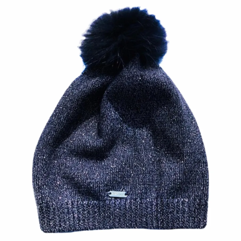 Bari Lynn Metallic Knit Slouch Hat w/ Fur Pom