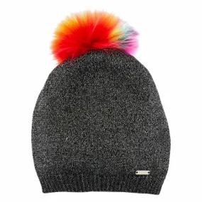 Bari Lynn Metallic Knit Slouch Hat w/ Fur Pom