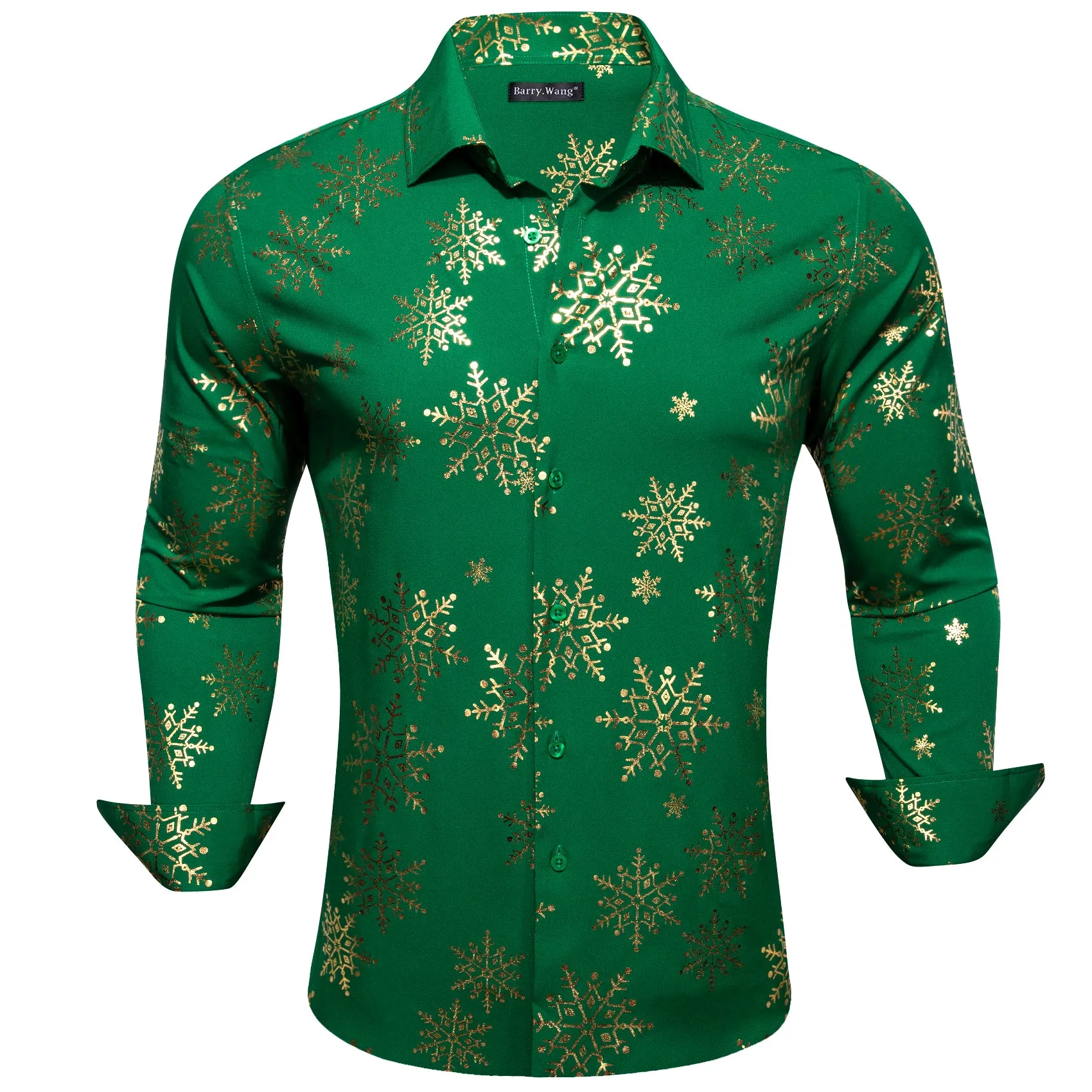 Barry.wang Christmas Green Gold Snowflake Floral Silk Shirt