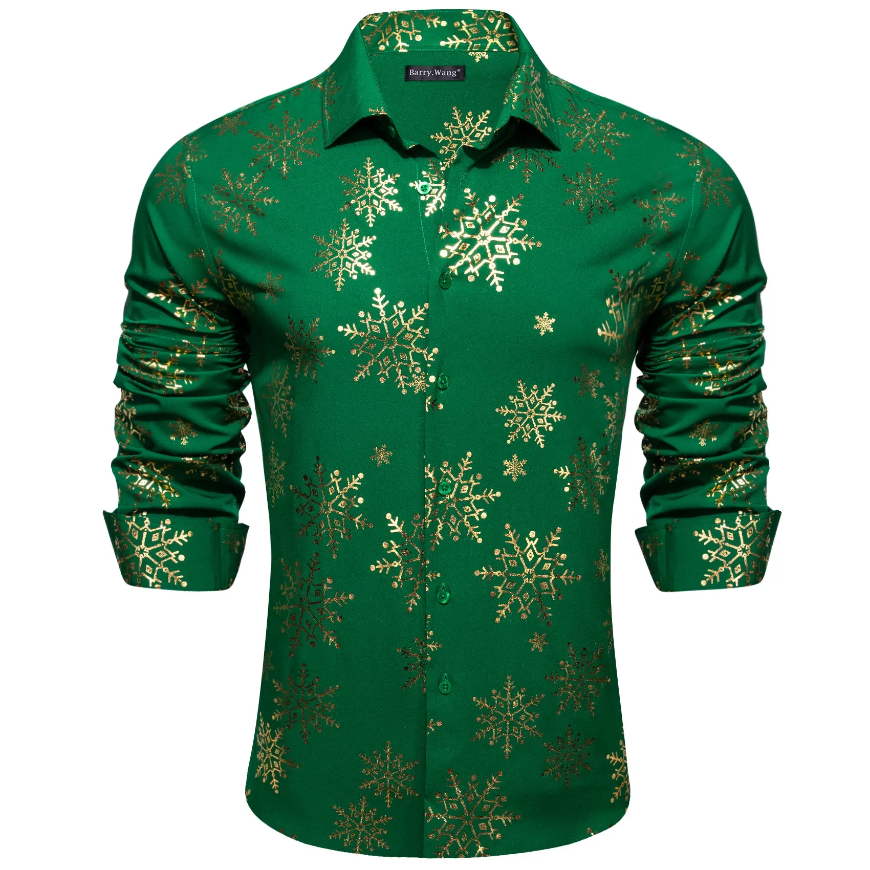 Barry.wang Christmas Green Gold Snowflake Floral Silk Shirt