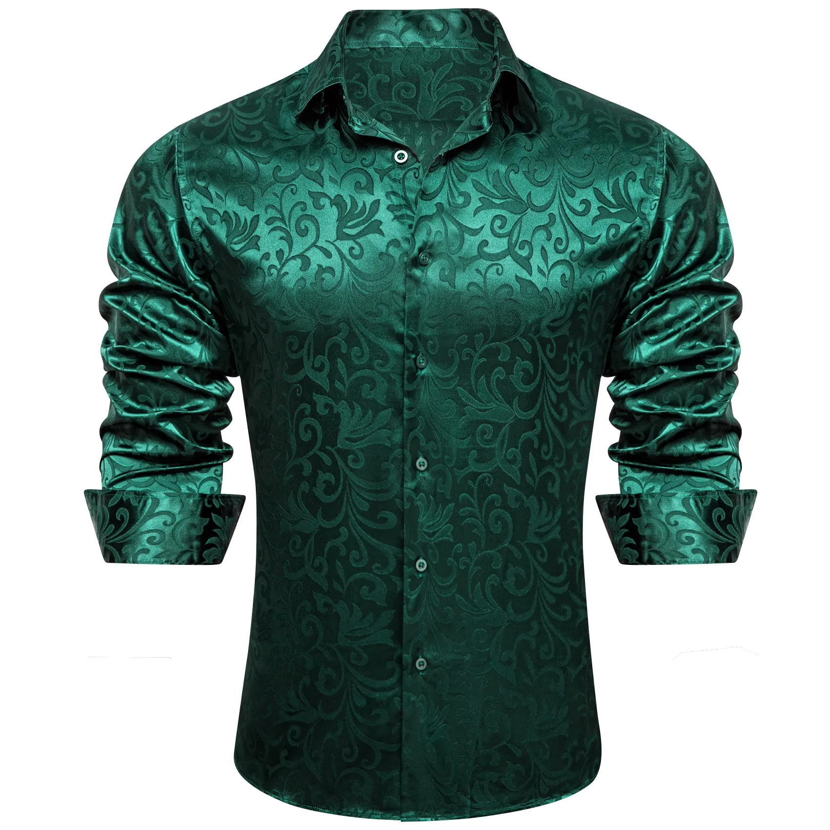 Barry.wang Dark Green Floral Silk Men's Shirt