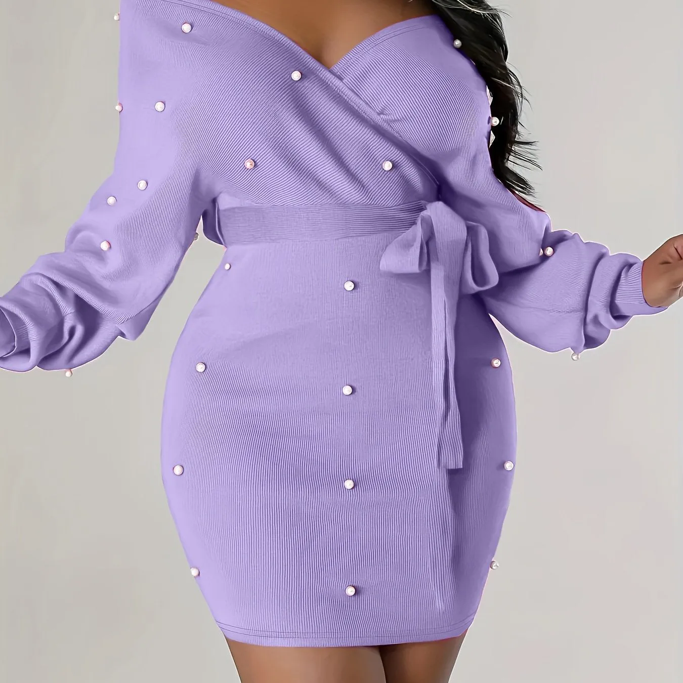 Beaded Bodycon Dress, Casual Long Sleeve Solid Off Shoulder Dress, Women's Clothing