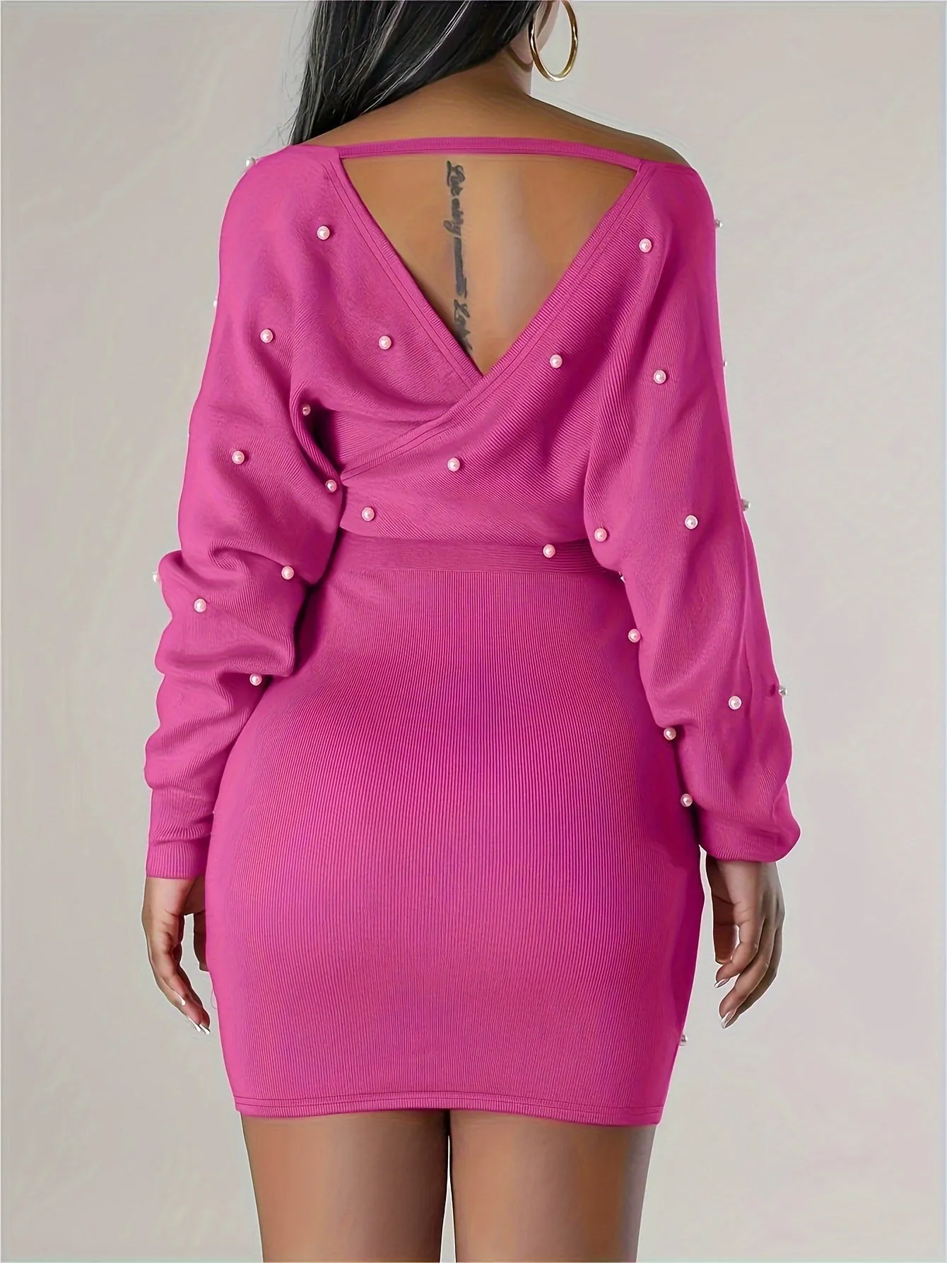 Beaded Bodycon Dress, Casual Long Sleeve Solid Off Shoulder Dress, Women's Clothing
