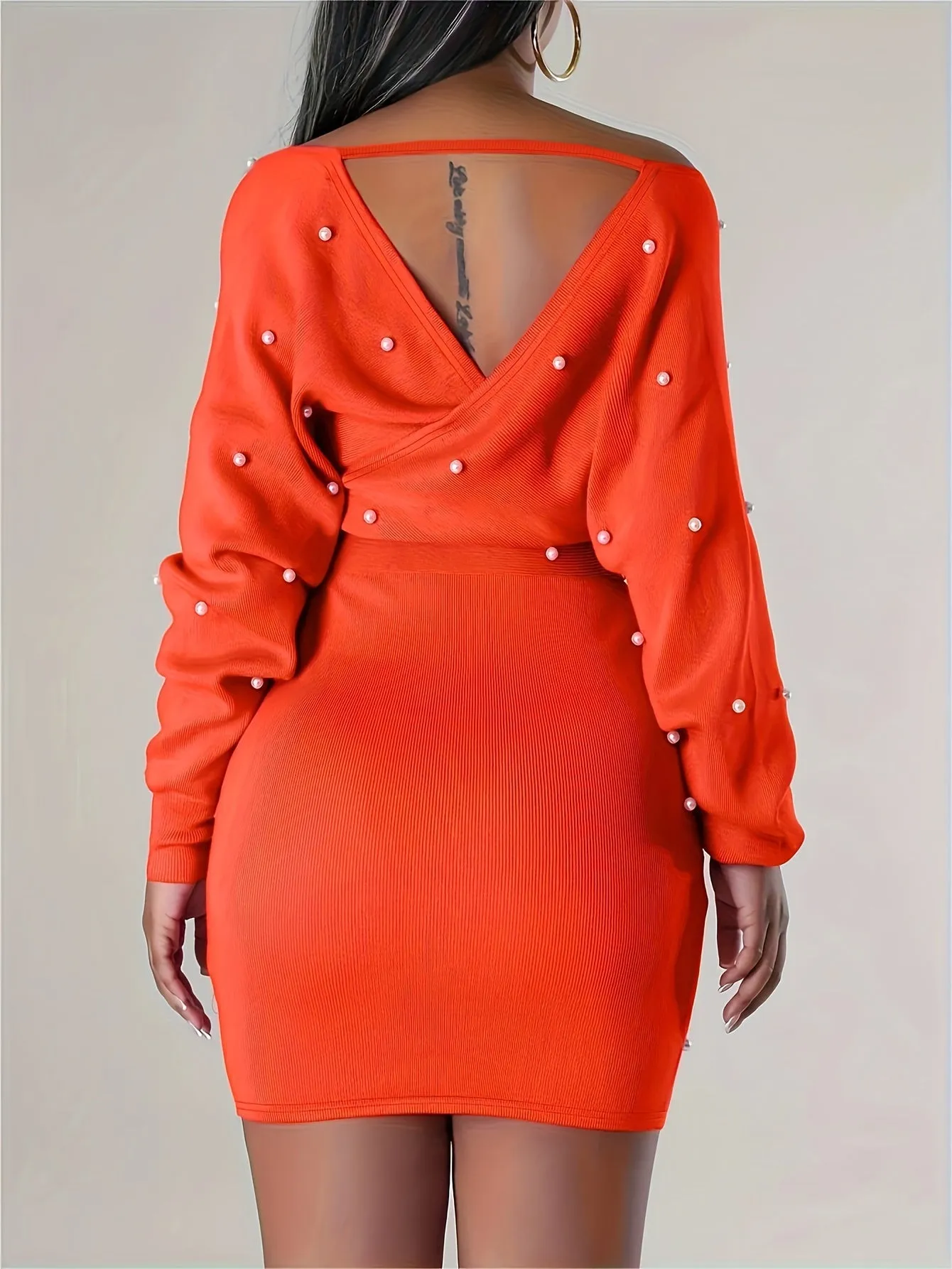 Beaded Bodycon Dress, Casual Long Sleeve Solid Off Shoulder Dress, Women's Clothing
