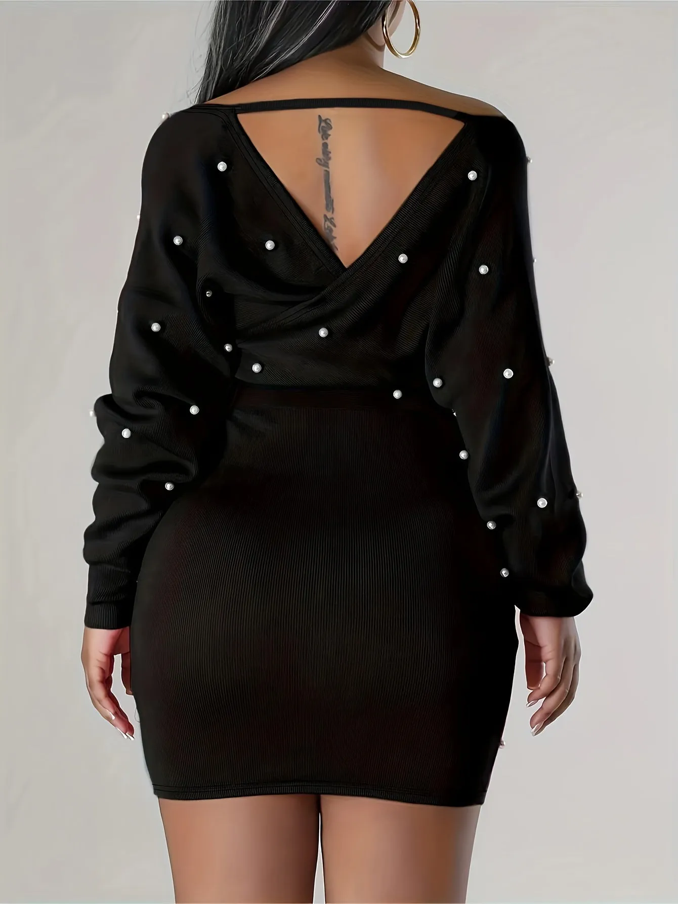 Beaded Bodycon Dress, Casual Long Sleeve Solid Off Shoulder Dress, Women's Clothing