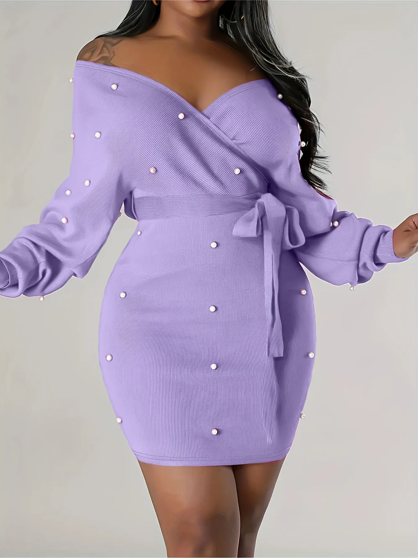 Beaded Bodycon Dress, Casual Long Sleeve Solid Off Shoulder Dress, Women's Clothing
