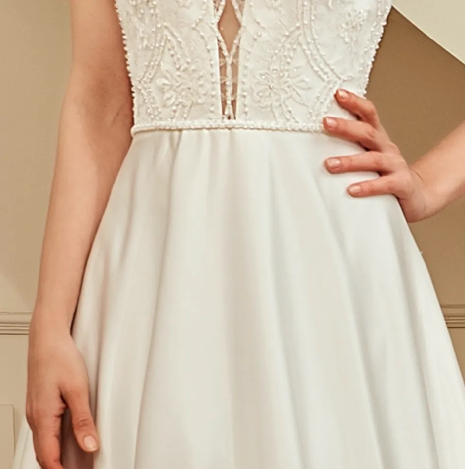 Beaded Deep V-Neckline Satin A-Line Pocket Wedding Dress