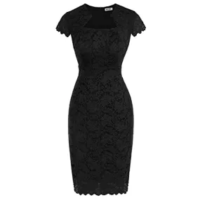 Black Lace Women Vintage Pencil Dress Short Sleeve Bodycon 1950s - GRACE KARIN