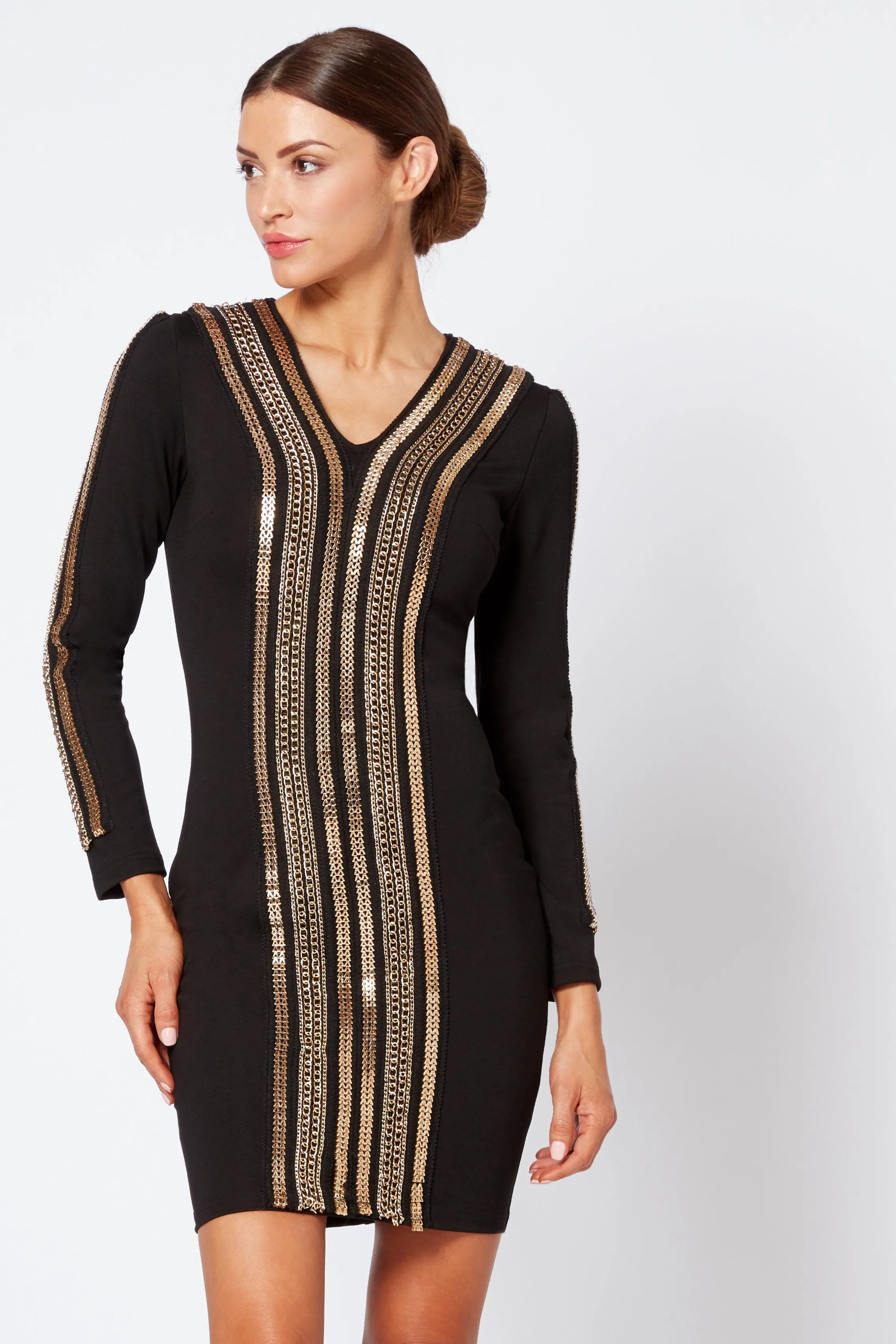 Black V Plunge Chain Bodycon Mini Dress