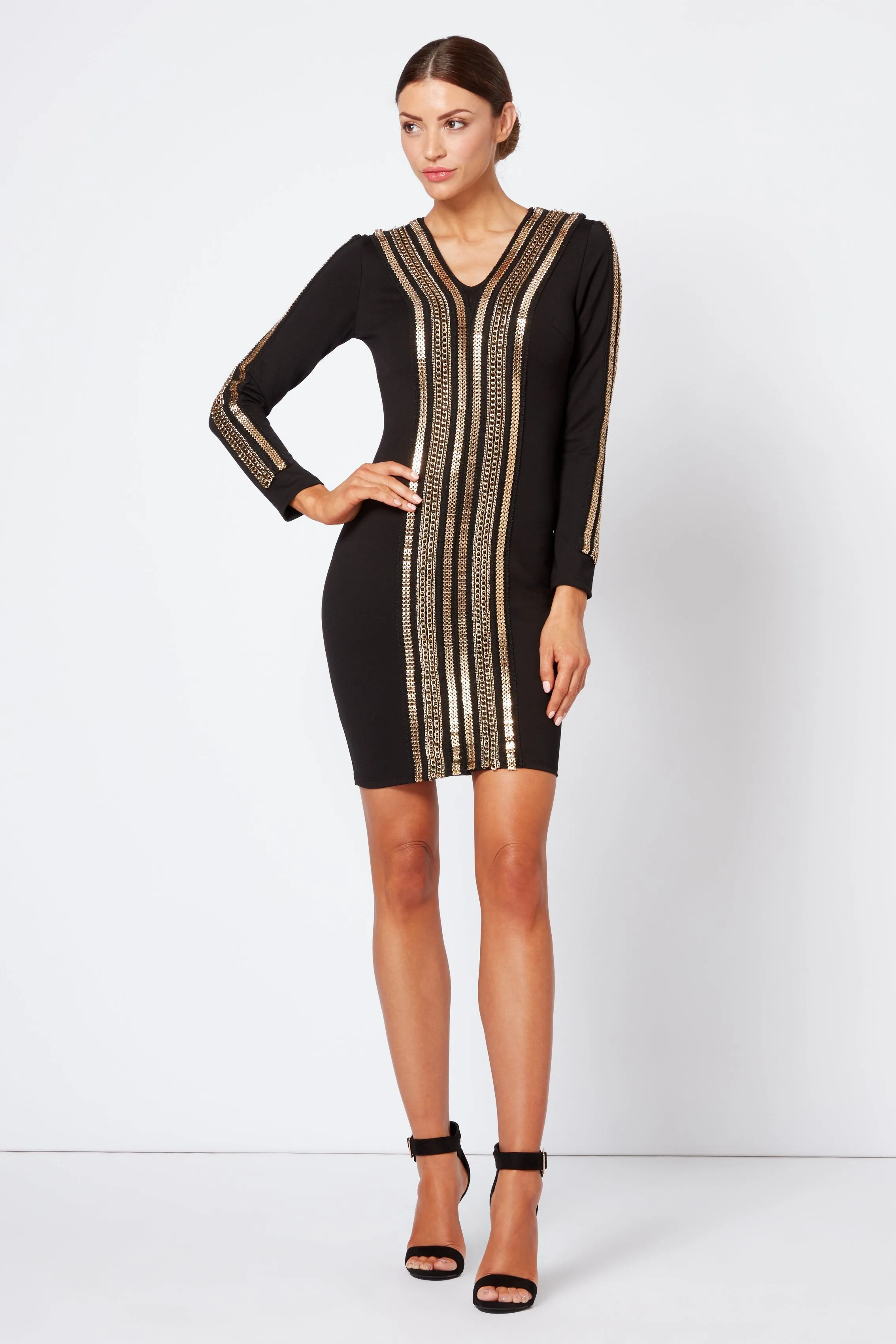 Black V Plunge Chain Bodycon Mini Dress