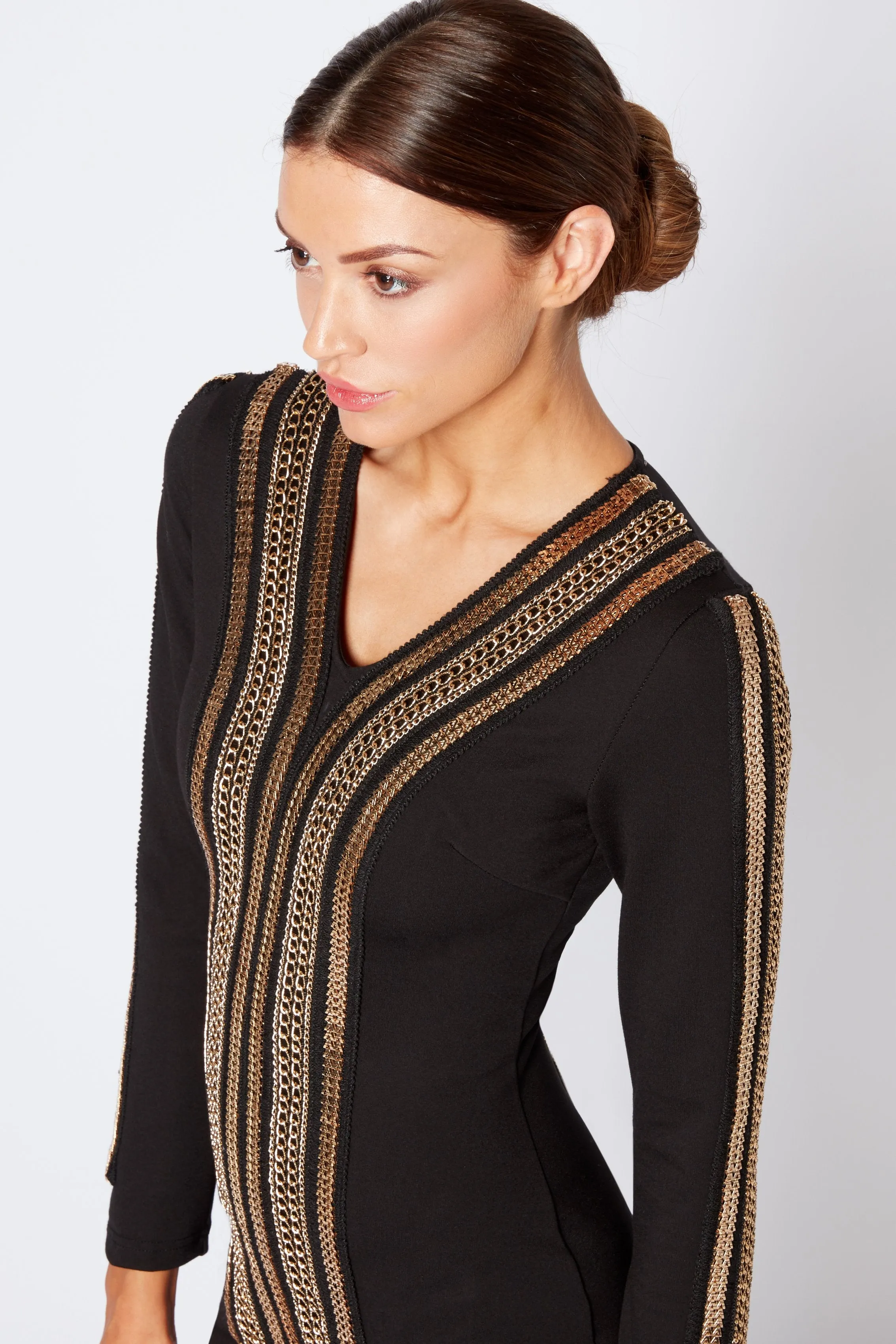 Black V Plunge Chain Bodycon Mini Dress