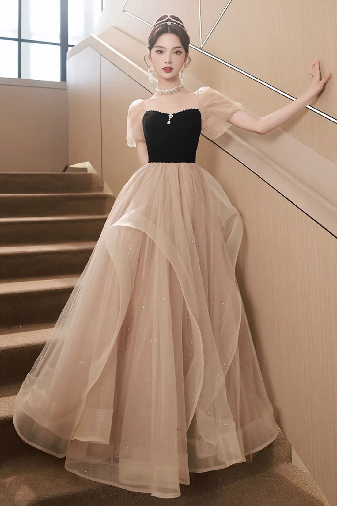 Black Velvet and Champagne Tulle Long Prom Dress