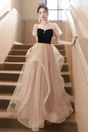 Black Velvet and Champagne Tulle Long Prom Dress