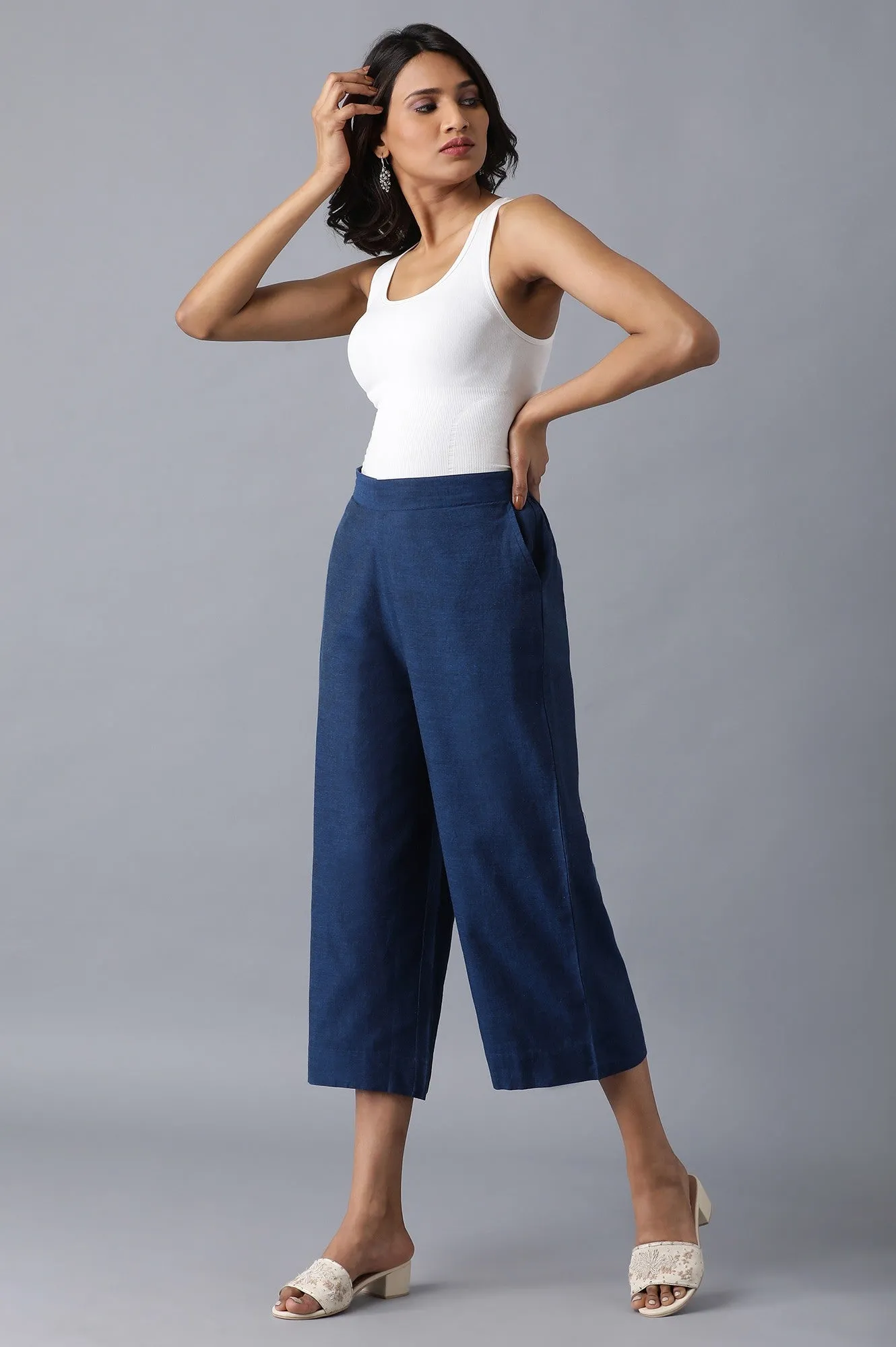 Blue 2Tone Cotton Solid Culotted