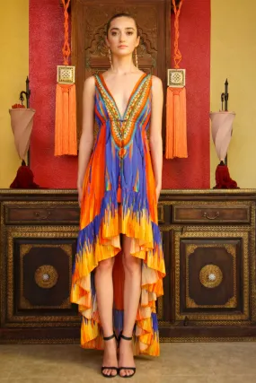 Blue and Orange Feather High Low Dress