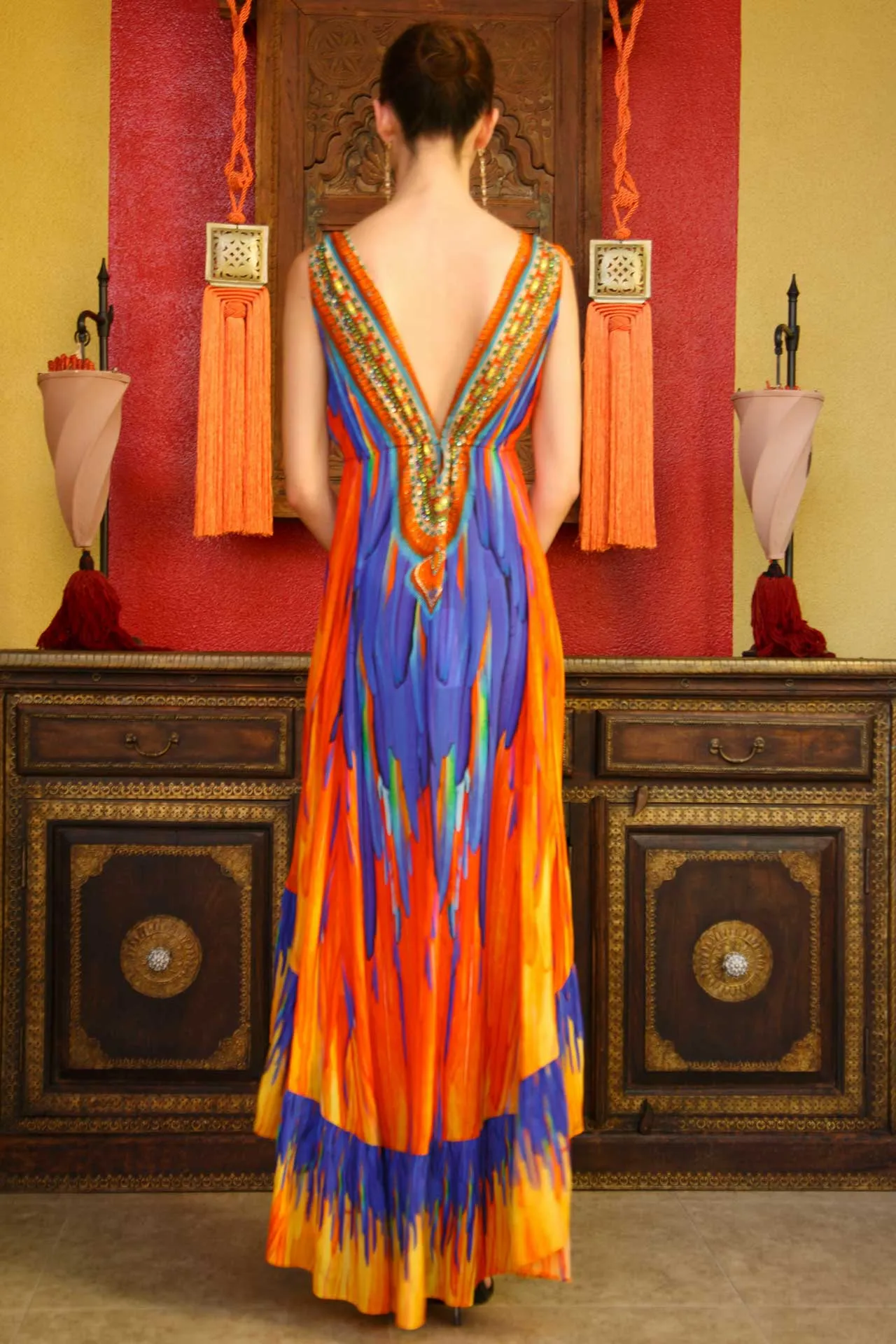 Blue and Orange Feather High Low Dress