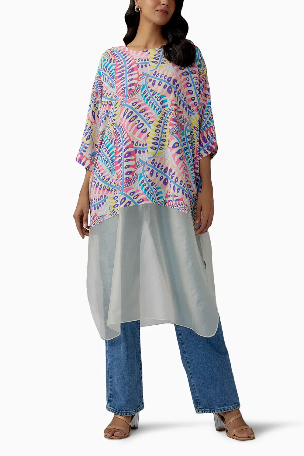 Blue Printed Crepe And Organza Raneem Tunic