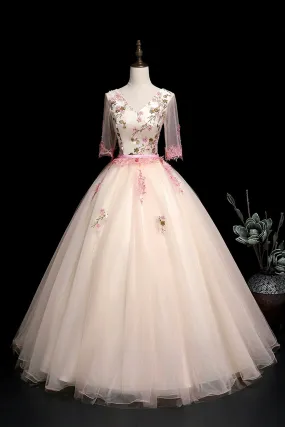 Champagne V-Neck Lace Long Prom Dress, A-Line 1/2 Sleeves Evening Party Dress