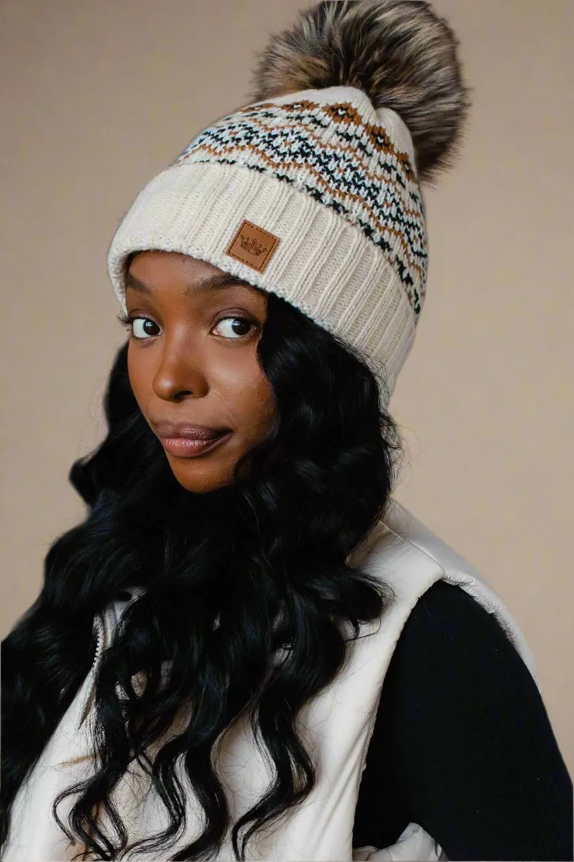 Cream, Black & Camel Patterned Pom Hat