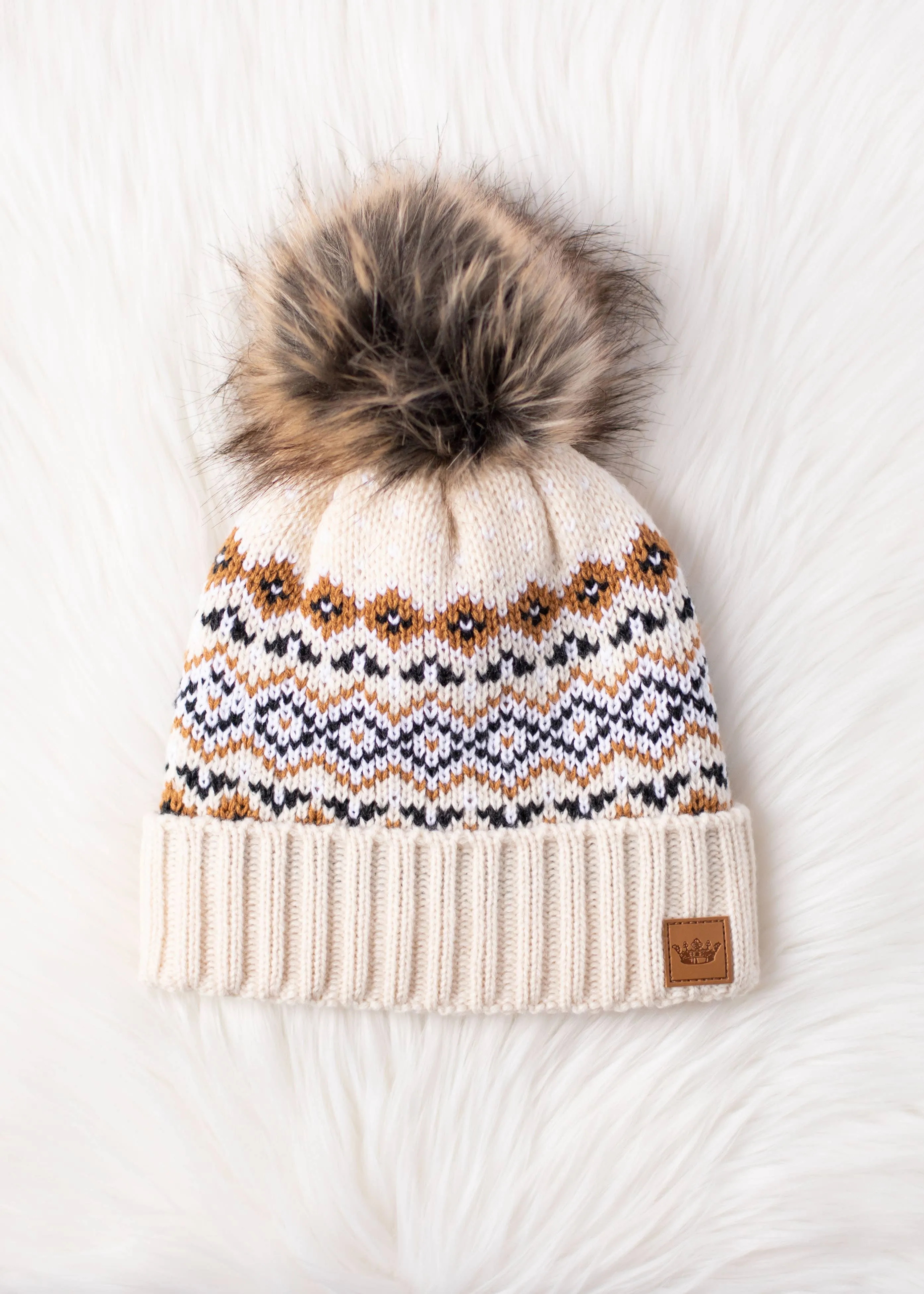 Cream, Black & Camel Patterned Pom Hat