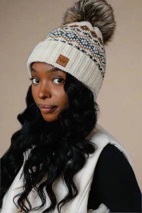 Cream, Black & Camel Patterned Pom Hat