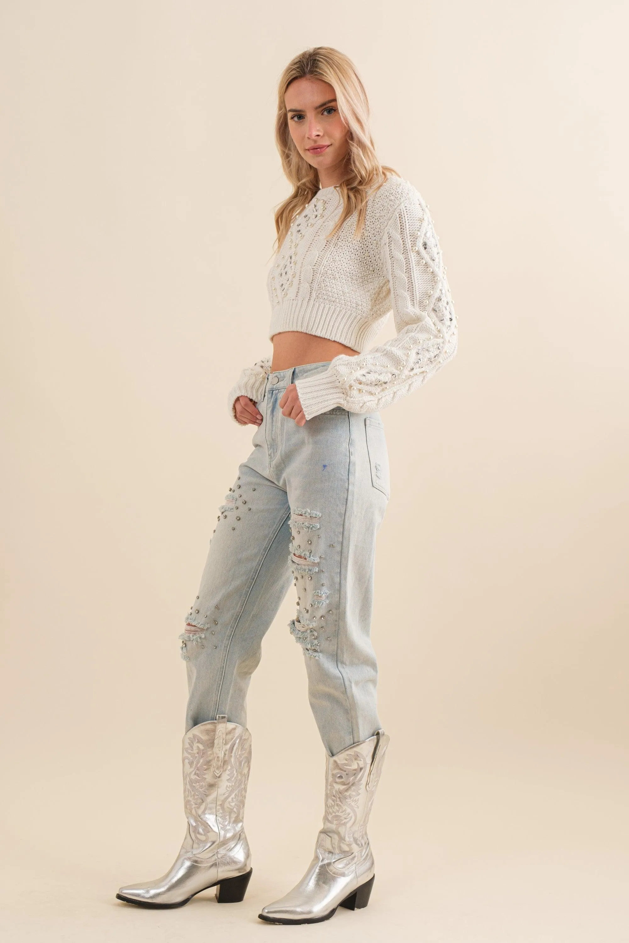 crop cable knit pearl embellished sweater