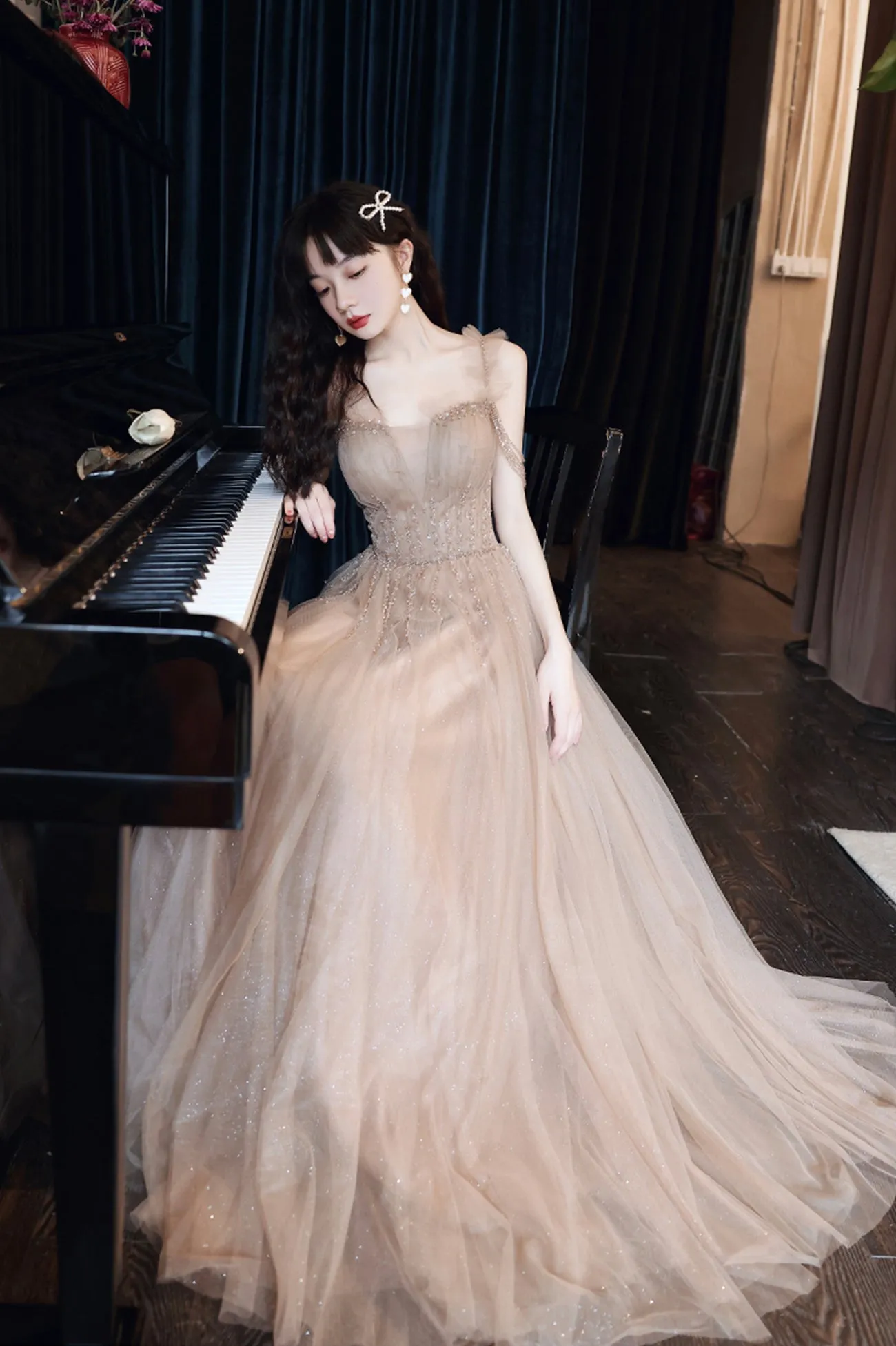 Cute Tulle Long Prom Dress with Beaded,  A-Line Off the Shoulder Evening Dress