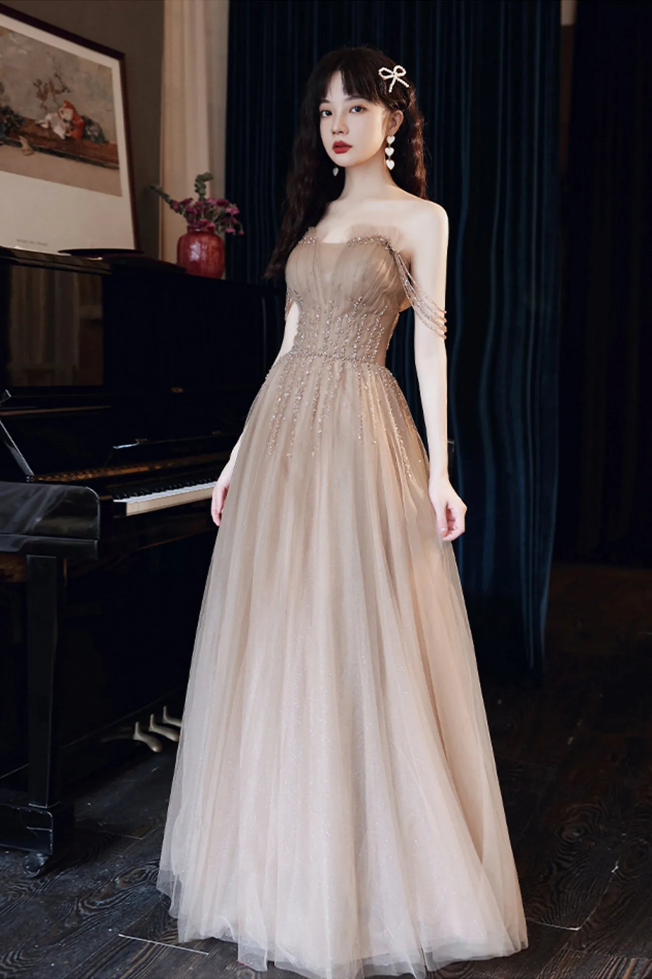 Cute Tulle Long Prom Dress with Beaded,  A-Line Off the Shoulder Evening Dress