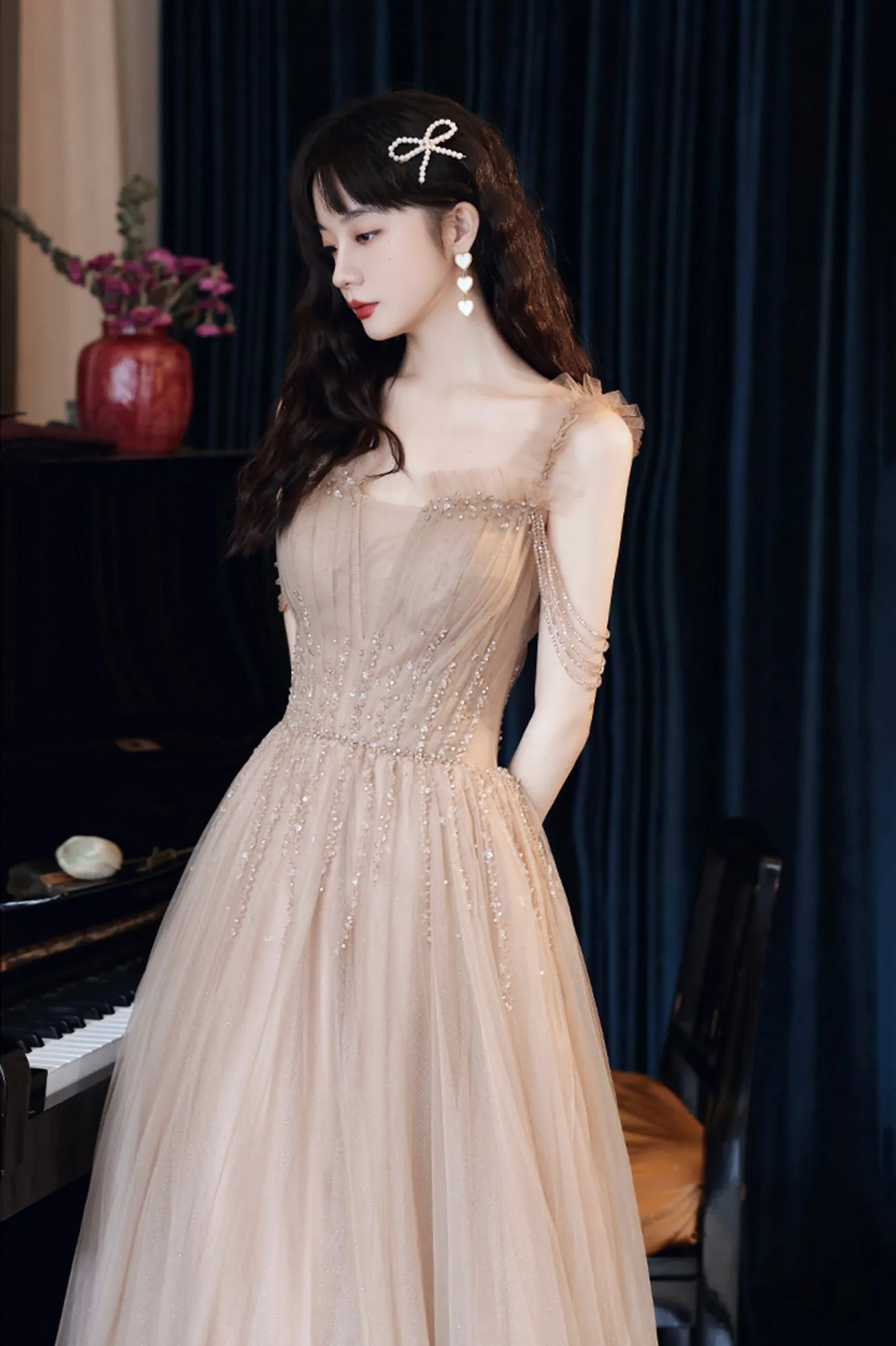Cute Tulle Long Prom Dress with Beaded,  A-Line Off the Shoulder Evening Dress
