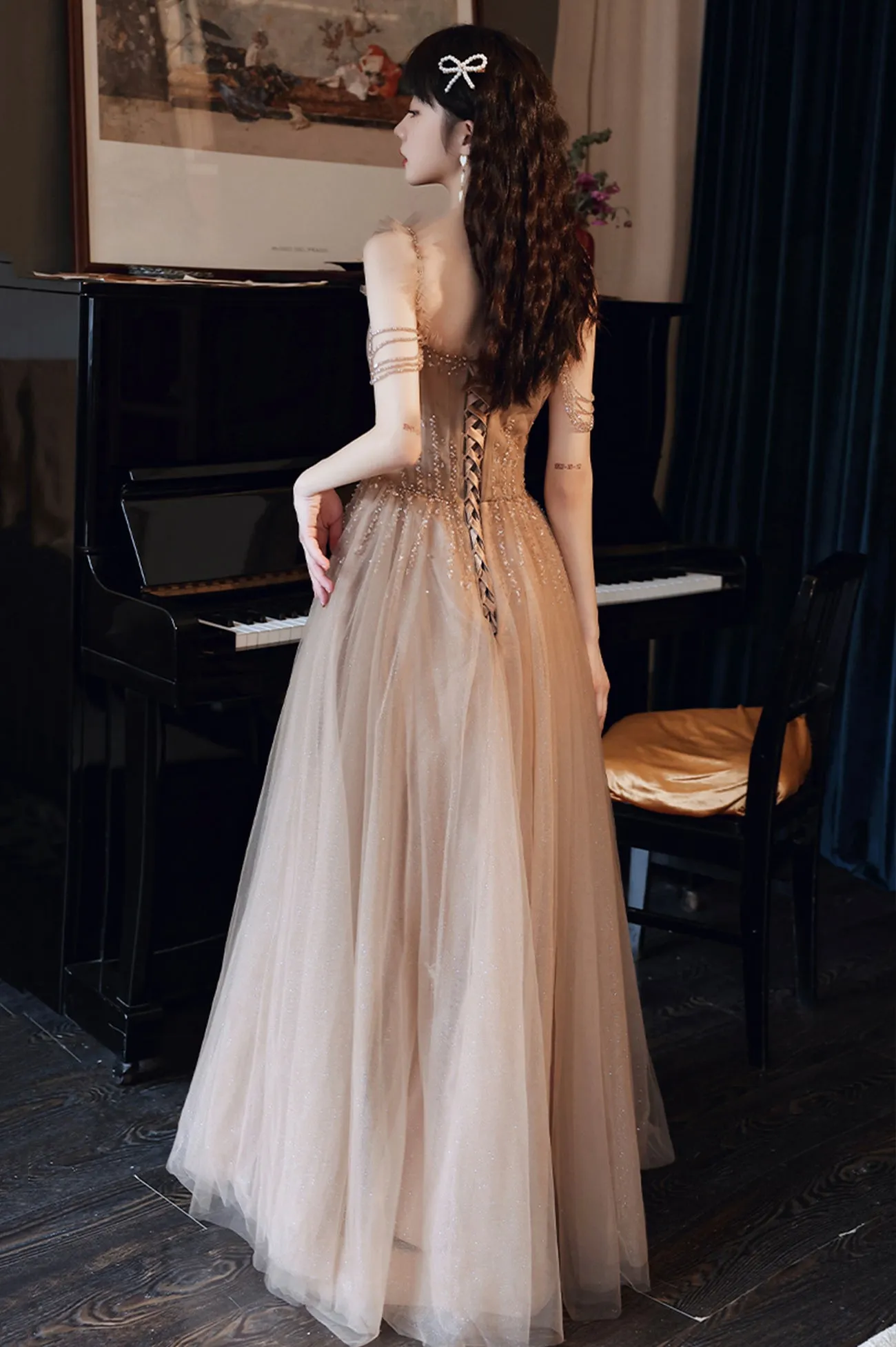 Cute Tulle Long Prom Dress with Beaded,  A-Line Off the Shoulder Evening Dress