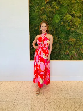Denise halter top maxi dress in red floral maxi