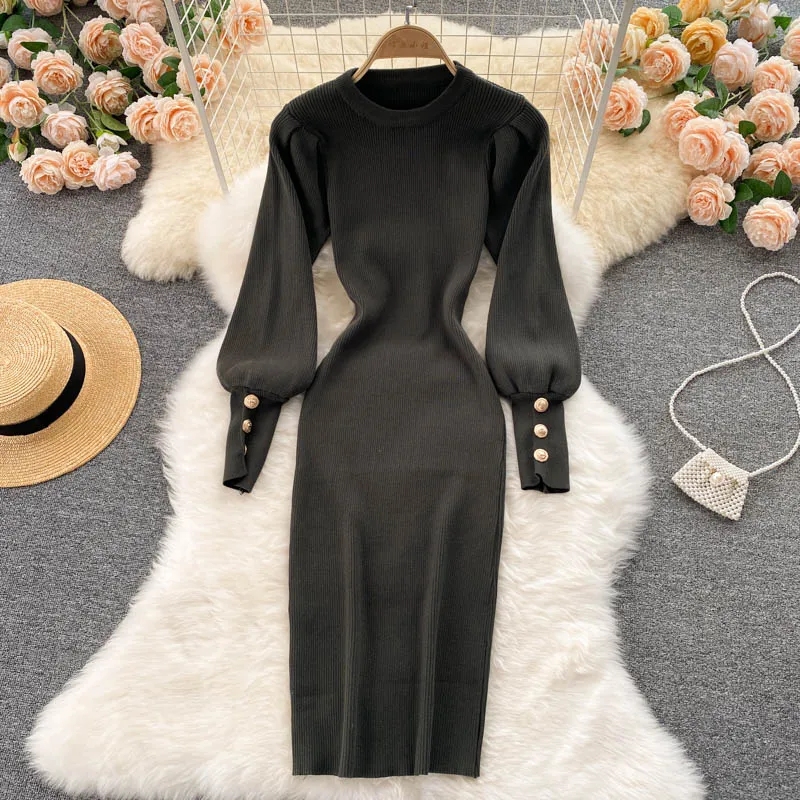 Elegant Puff Sleeve Winter Dress