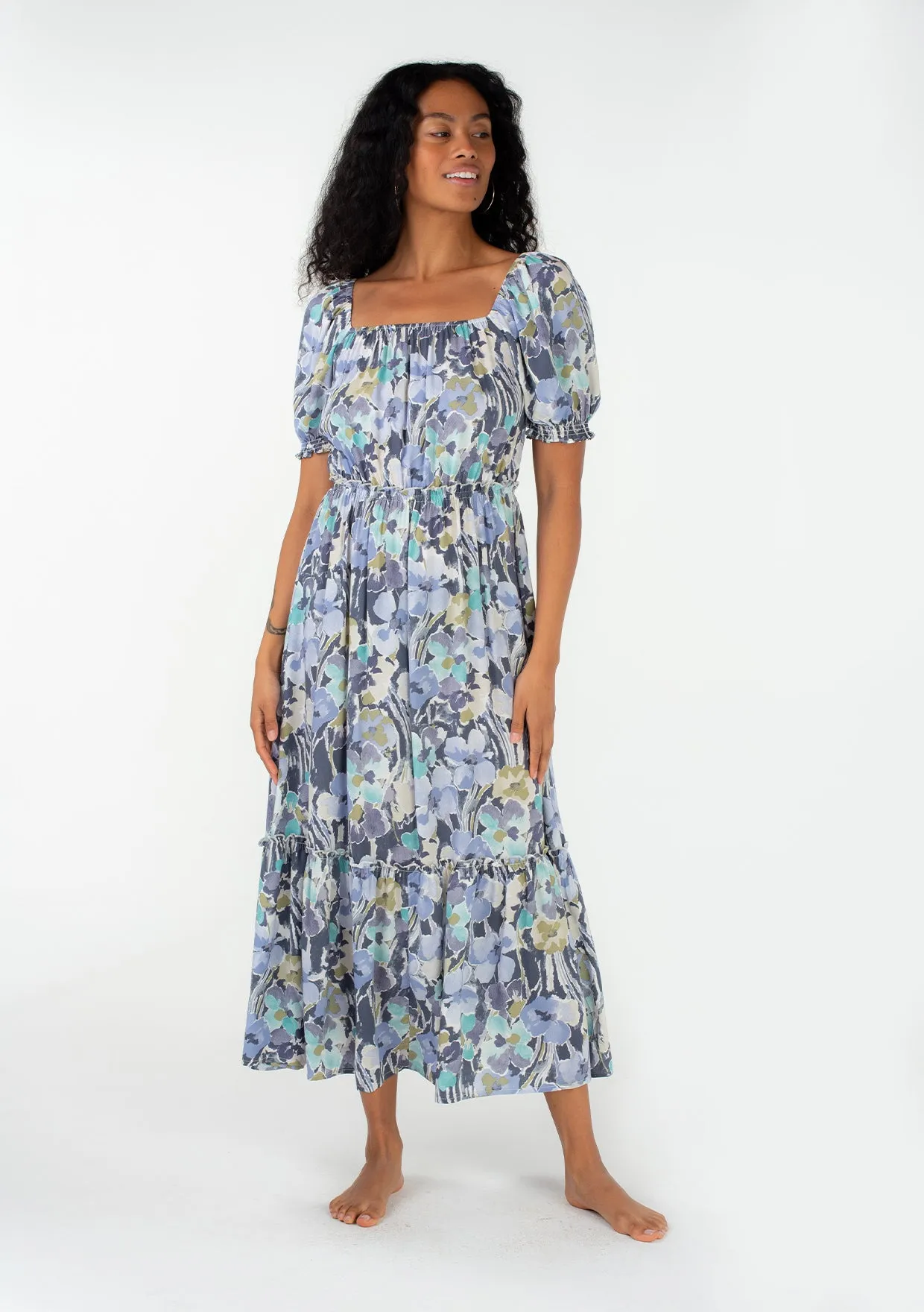 Floral Short Puff Sleeve Square Neck Maxi Dress