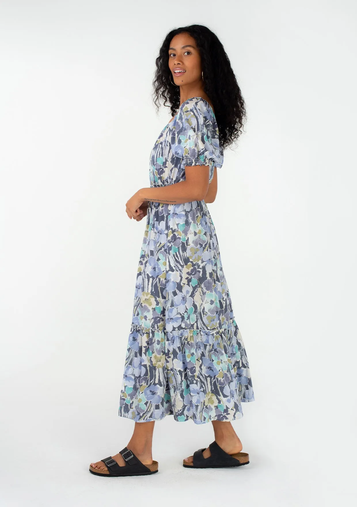 Floral Short Puff Sleeve Square Neck Maxi Dress