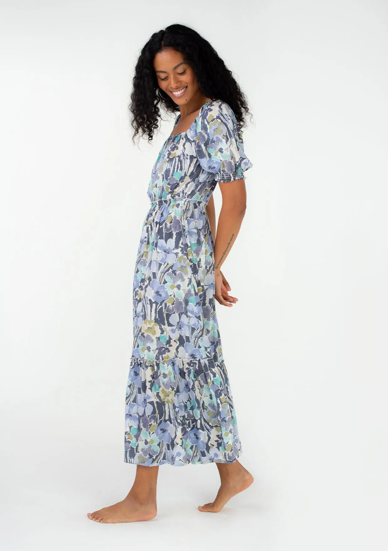 Floral Short Puff Sleeve Square Neck Maxi Dress