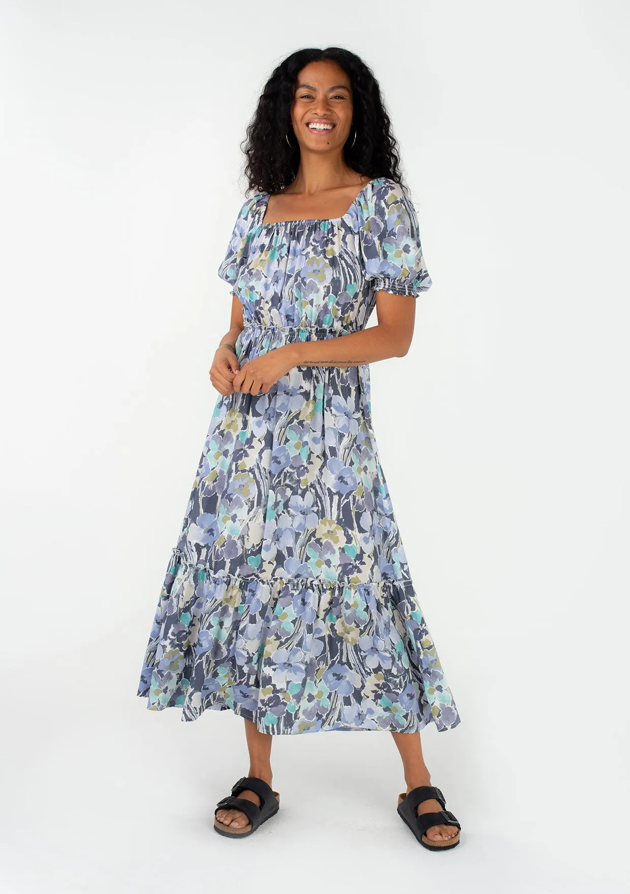 Floral Short Puff Sleeve Square Neck Maxi Dress