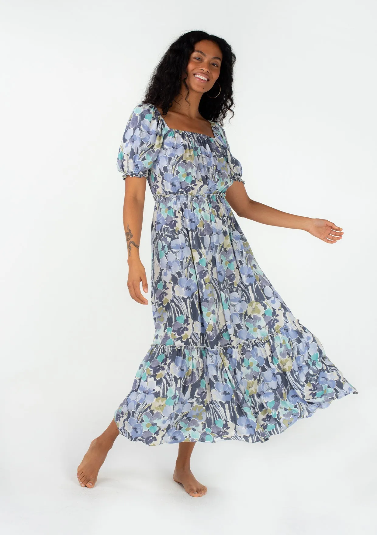Floral Short Puff Sleeve Square Neck Maxi Dress