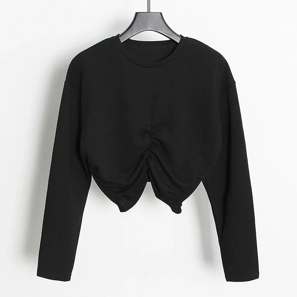 Folds Minimalist Sweatshirts For Women Round Neck Long Sleeve Pullover Loose Sweatshirt Female Fashion Clothes New