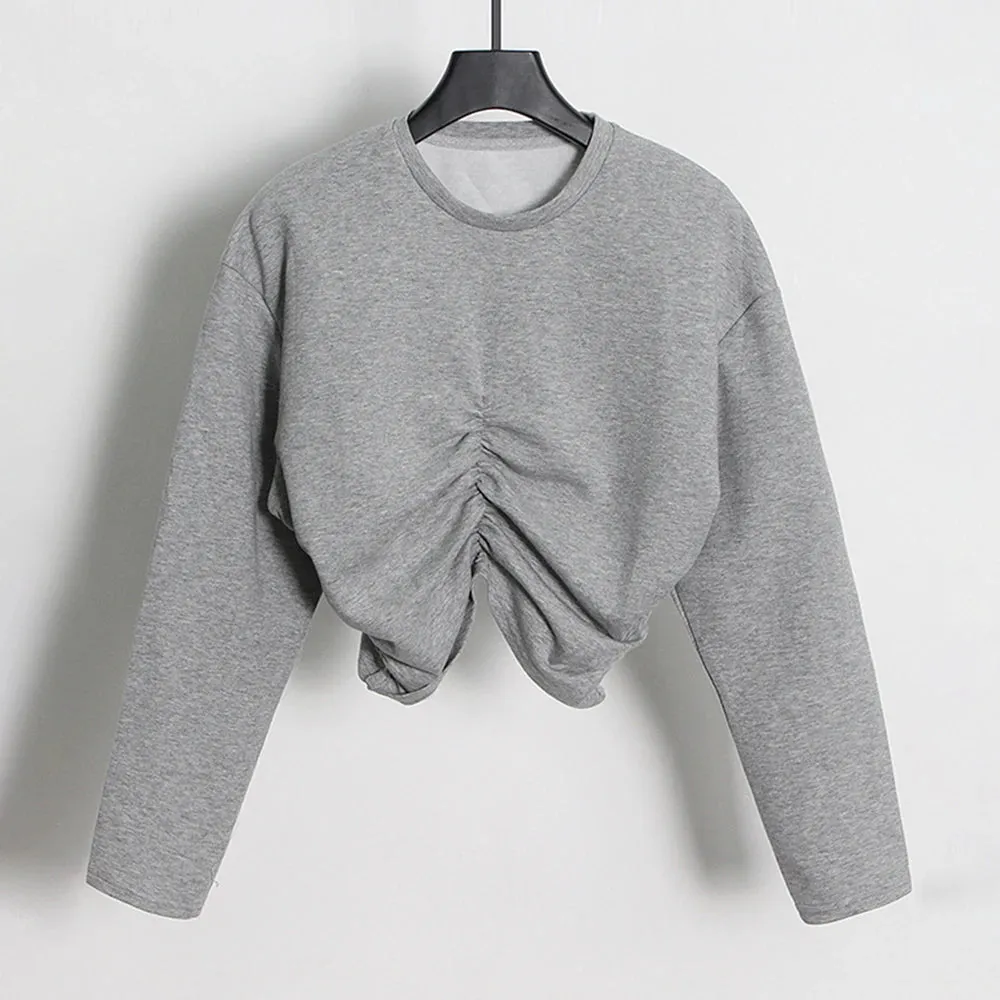 Folds Minimalist Sweatshirts For Women Round Neck Long Sleeve Pullover Loose Sweatshirt Female Fashion Clothes New