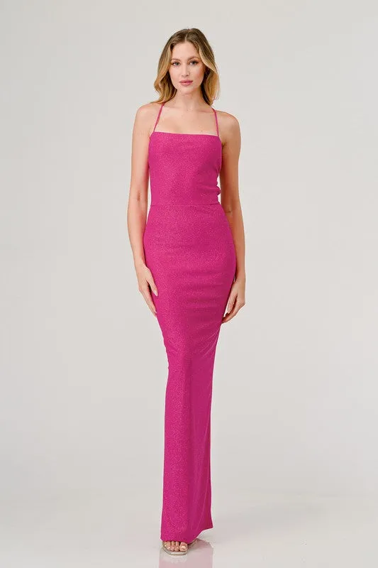 Fuchsia Glitter Crossed Back Maxi Dress