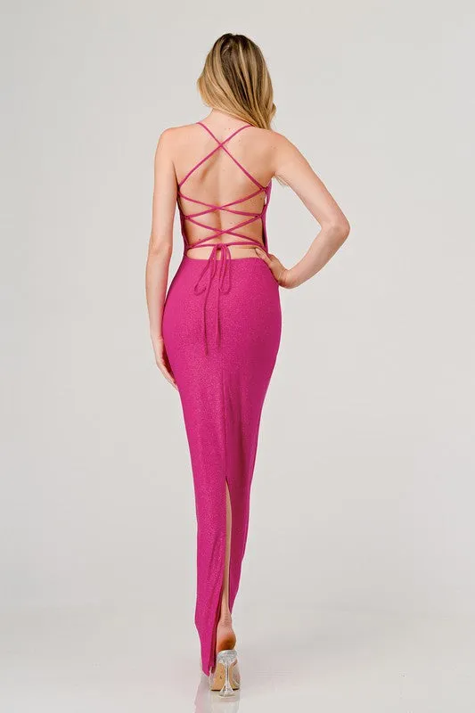 Fuchsia Glitter Crossed Back Maxi Dress